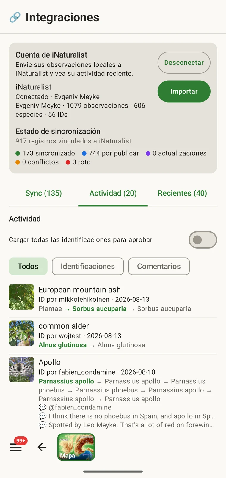 Flujo de actividad de iNaturalist con los eventos recientes sobre observaciones e identificaciones
