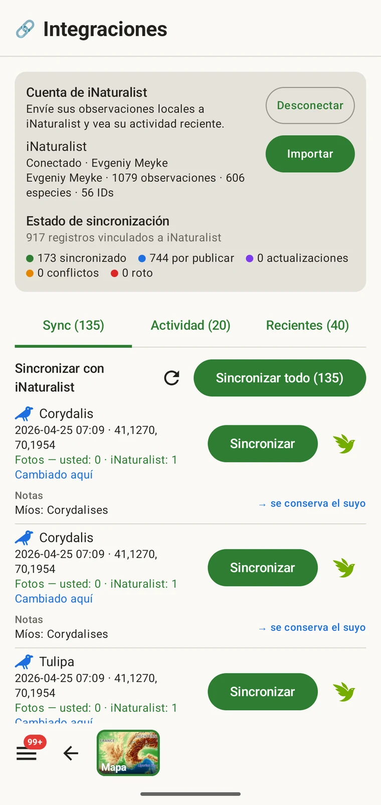 Centro de iNaturalist con la cuenta conectada, los recuentos del estado de sincronización y la lista de registros listos para enviar