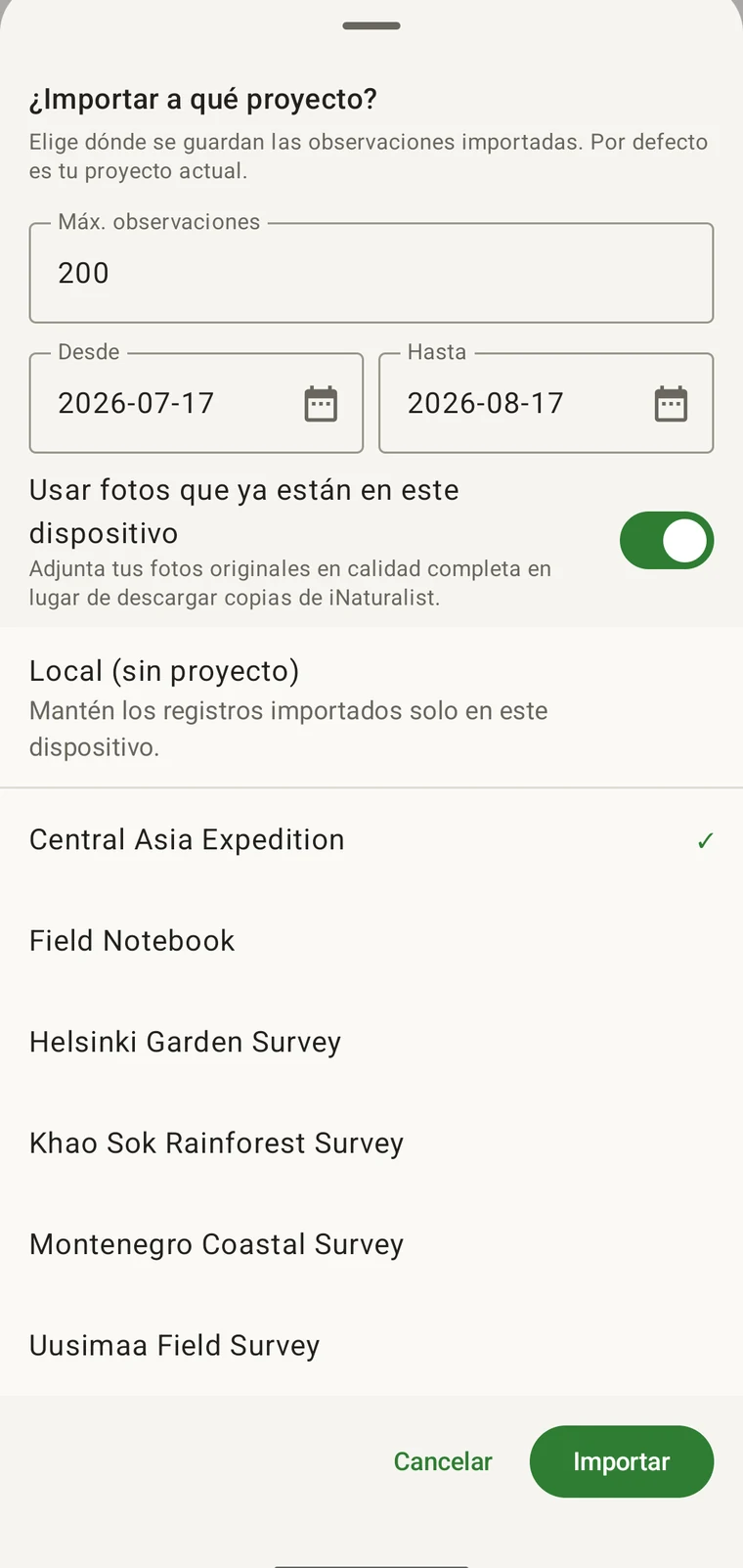 Panel de importación de iNaturalist con un número máximo de observaciones, un intervalo de fechas desde y hasta, un selector del origen de las fotos y una lista de proyectos a los que importar