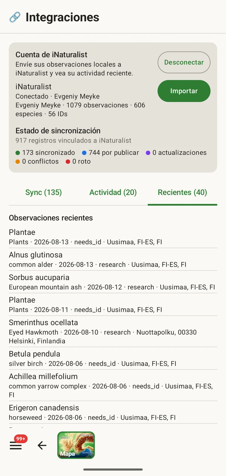 Lista de observaciones recientes de iNaturalist pertenecientes a la cuenta conectada