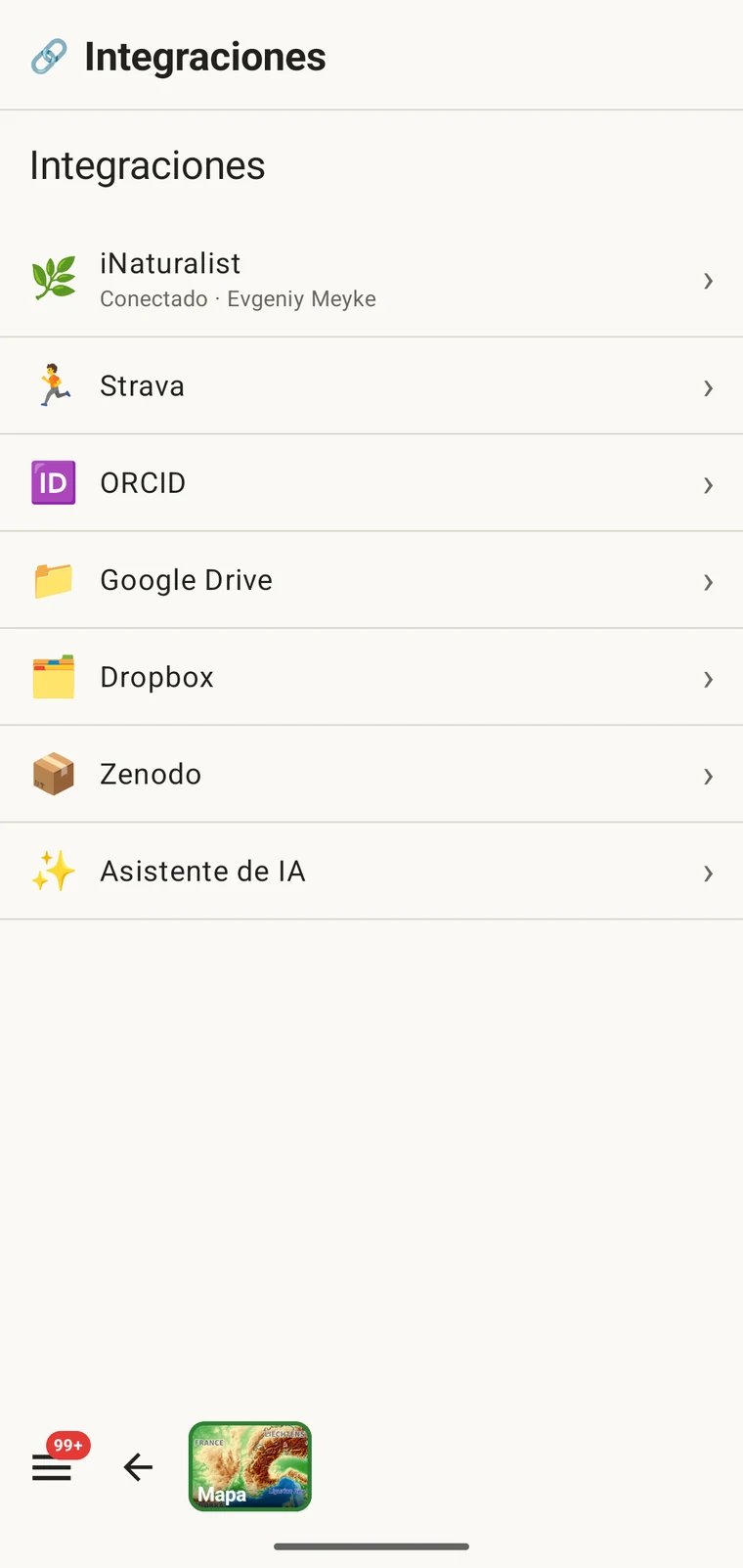 Pantalla de integraciones con iNaturalist, Strava, ORCID, Google Drive, Dropbox, Zenodo y el asistente de IA