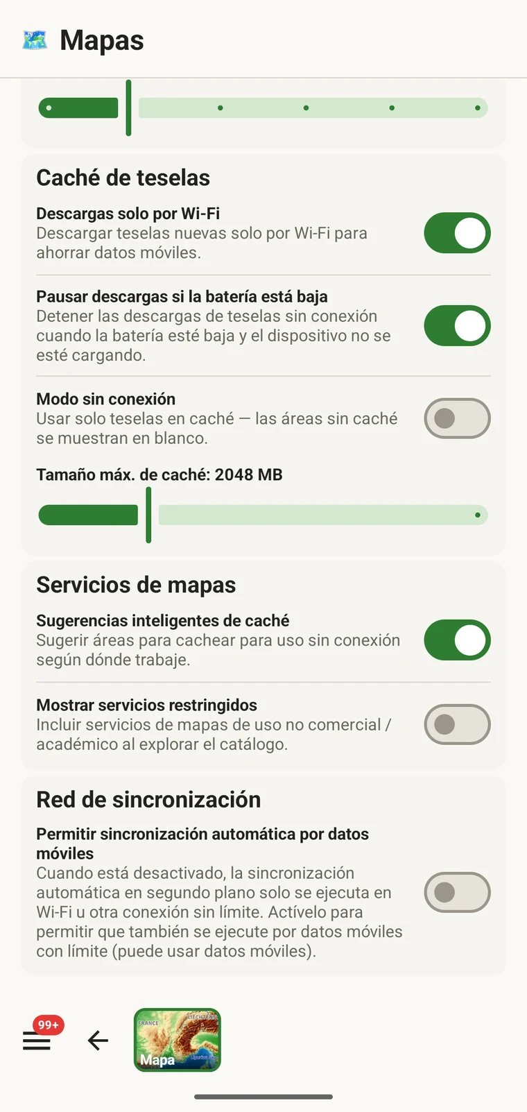 Lista de regiones sin conexión almacenadas con los nombres de las regiones y sus tamaños