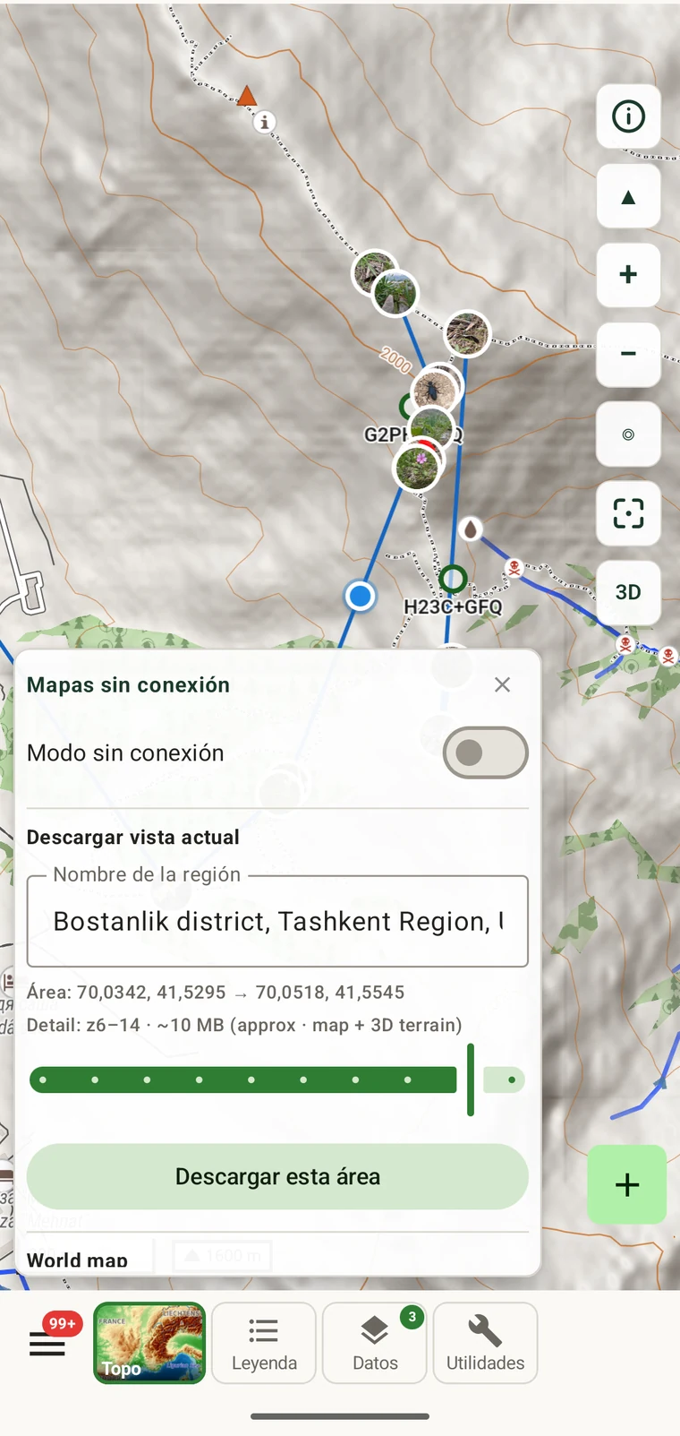 Panel de mapas sin conexión con una región nombrada lista para descargar