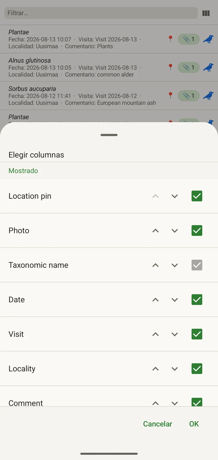 Selector de columnas con los campos disponibles para la lista de observaciones