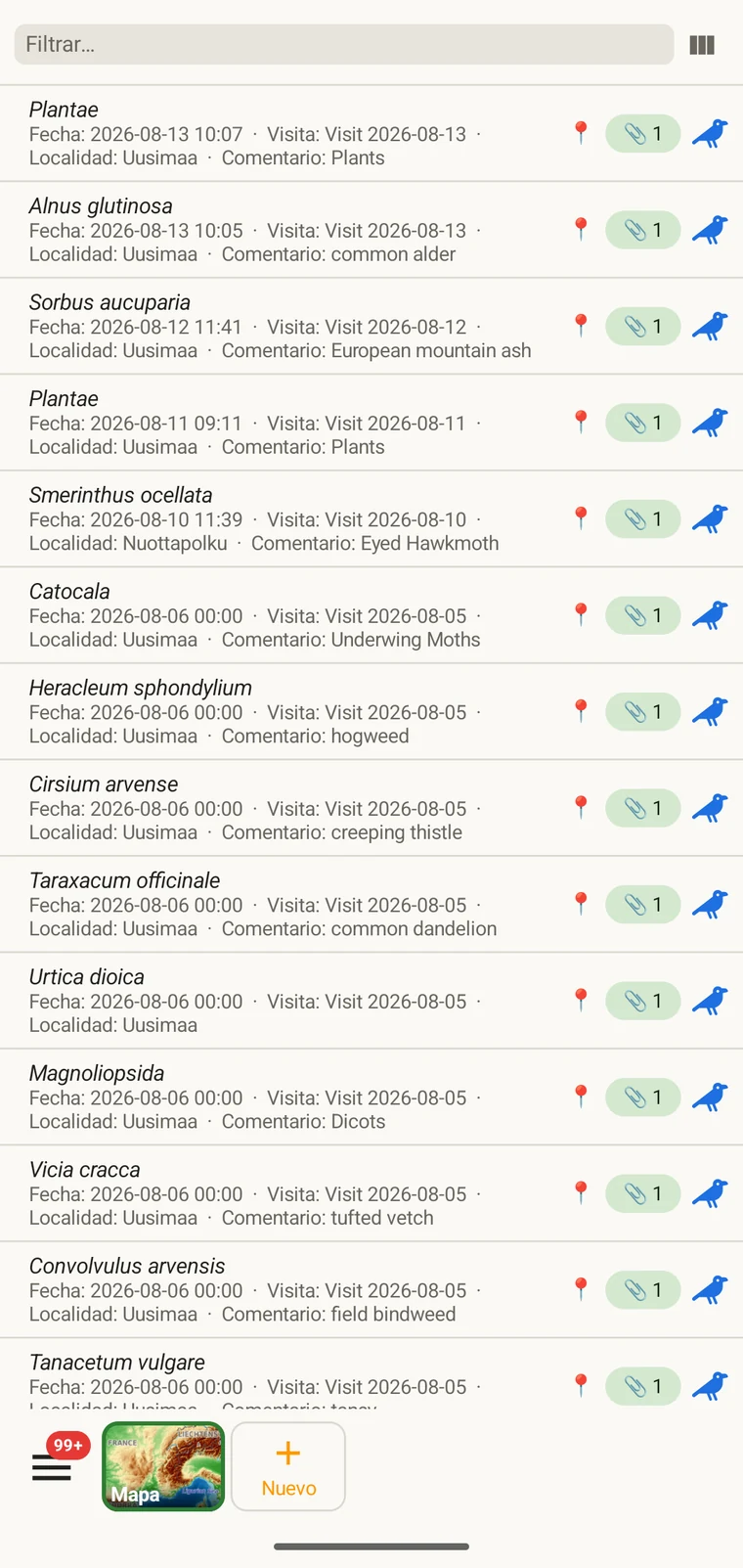 Lista de observaciones con varios registros y las columnas de taxón, fecha y otras elegidas