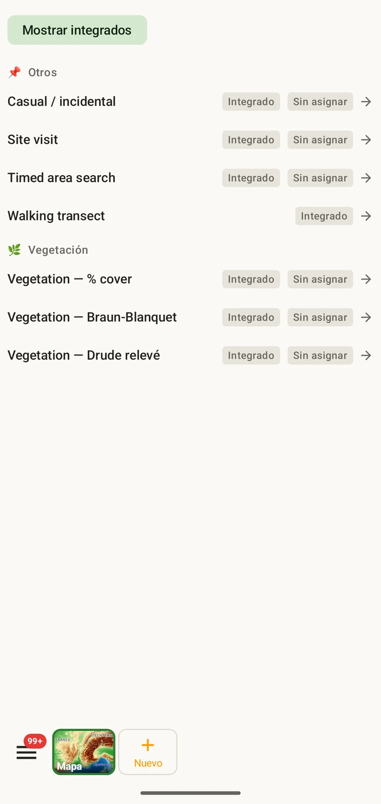 Lista de protocolos con los siete protocolos incluidos en la aplicación
