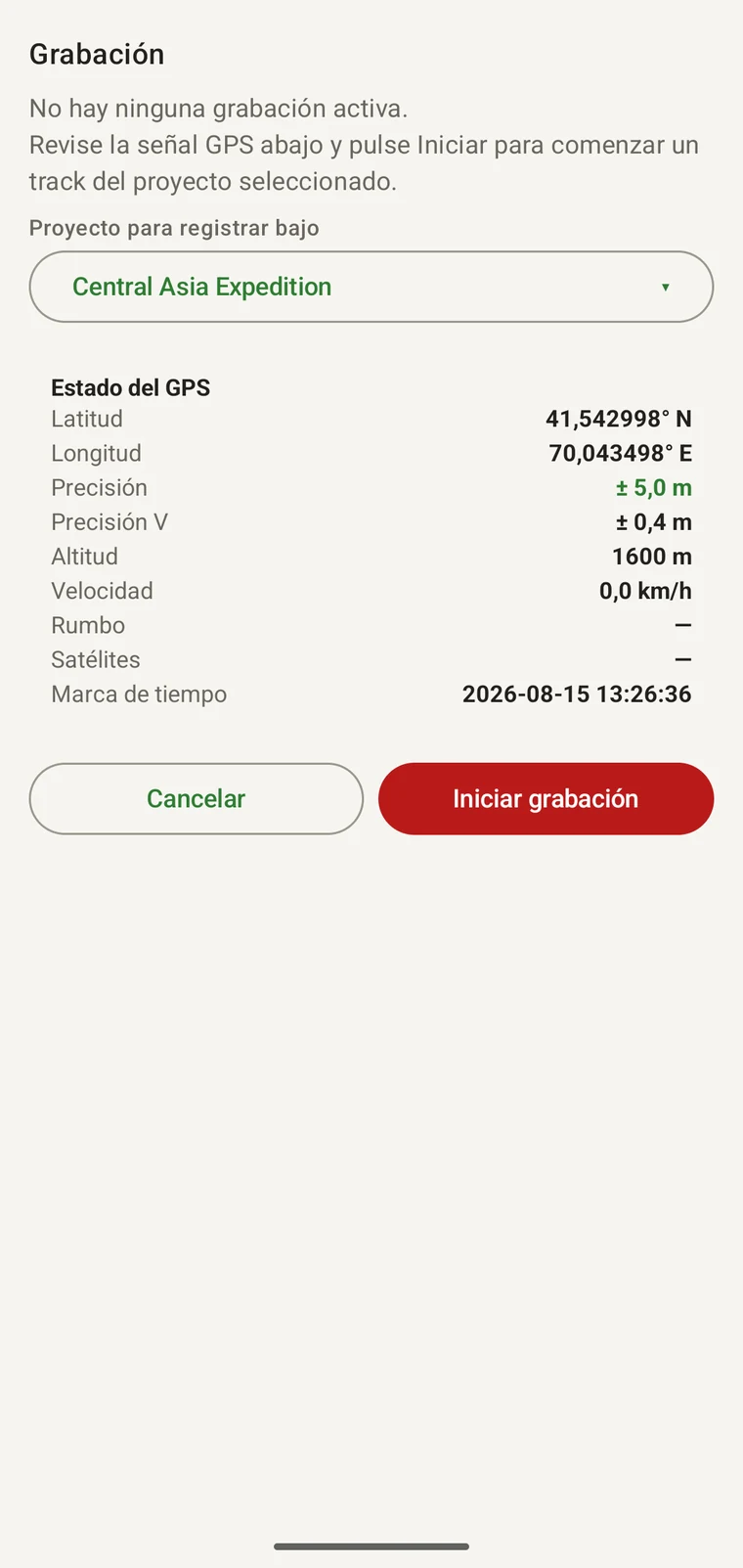 Pantalla de registro con los campos de estado del GPS y el botón Iniciar grabación
