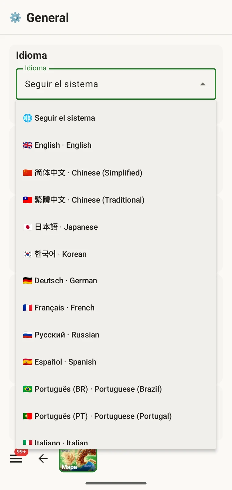 Selector de idioma con la lista de los idiomas disponibles, cada uno escrito en su propia lengua