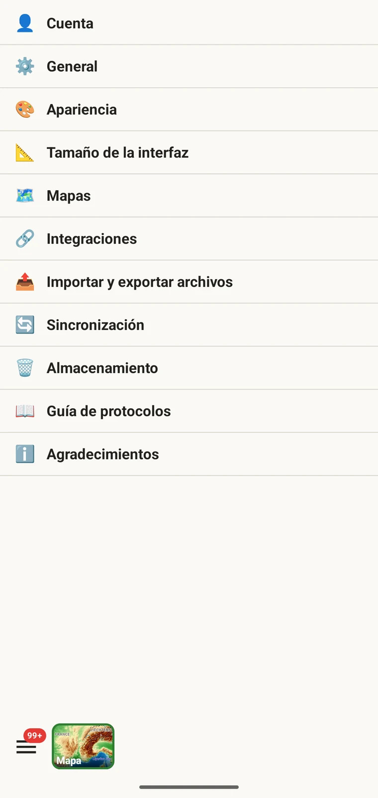Pantalla de ajustes de EarthCape con la entrada Idioma