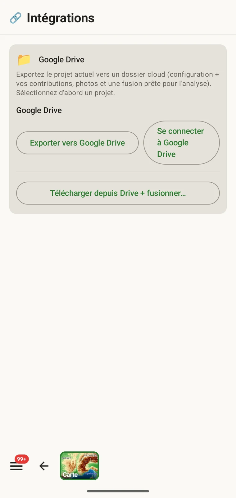 La fiche Google Drive avec ses trois boutons : Exporter vers Google Drive, Se connecter à Google Drive, et Télécharger depuis Drive et fusionner
