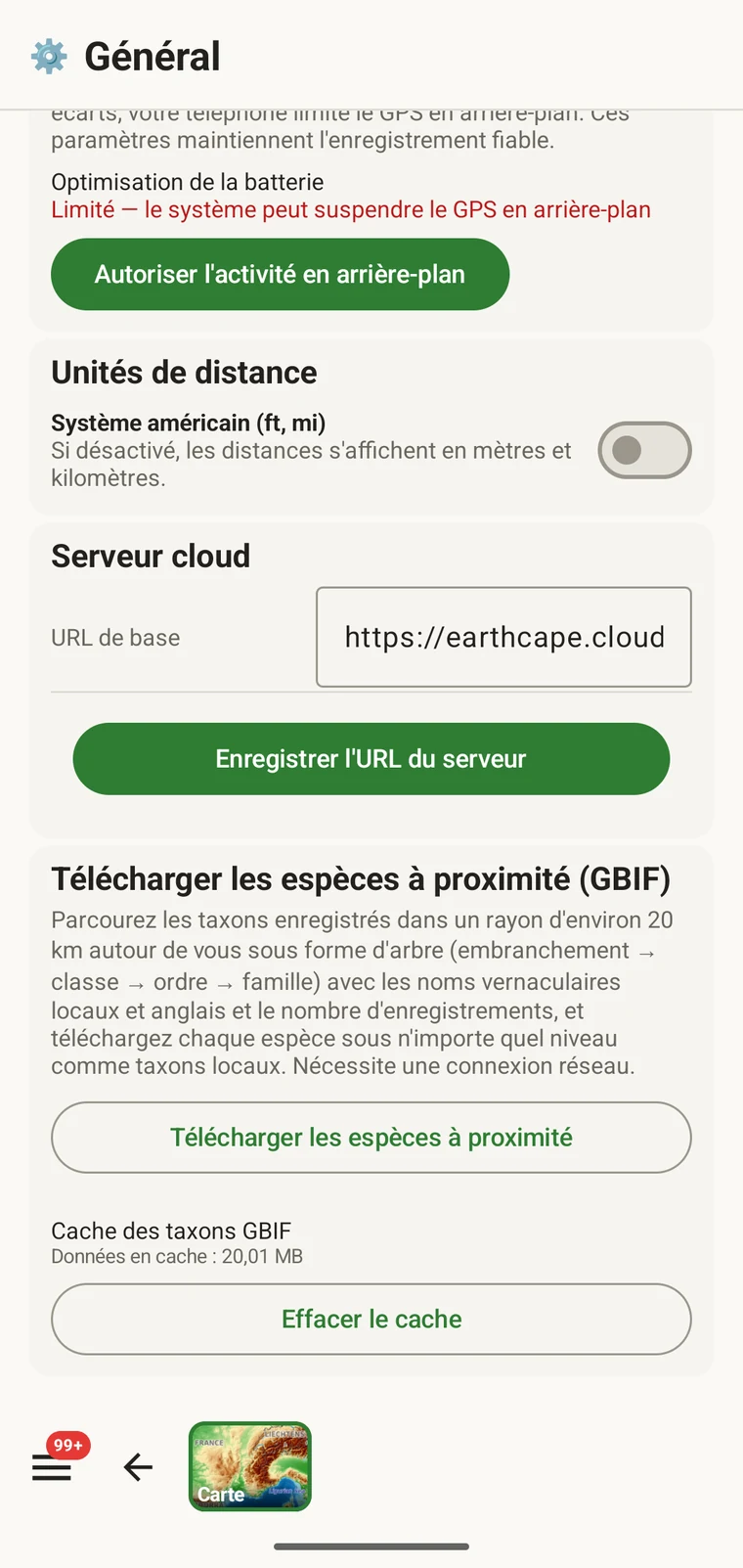Download nearby species (GBIF) card under Menu → Admin → General