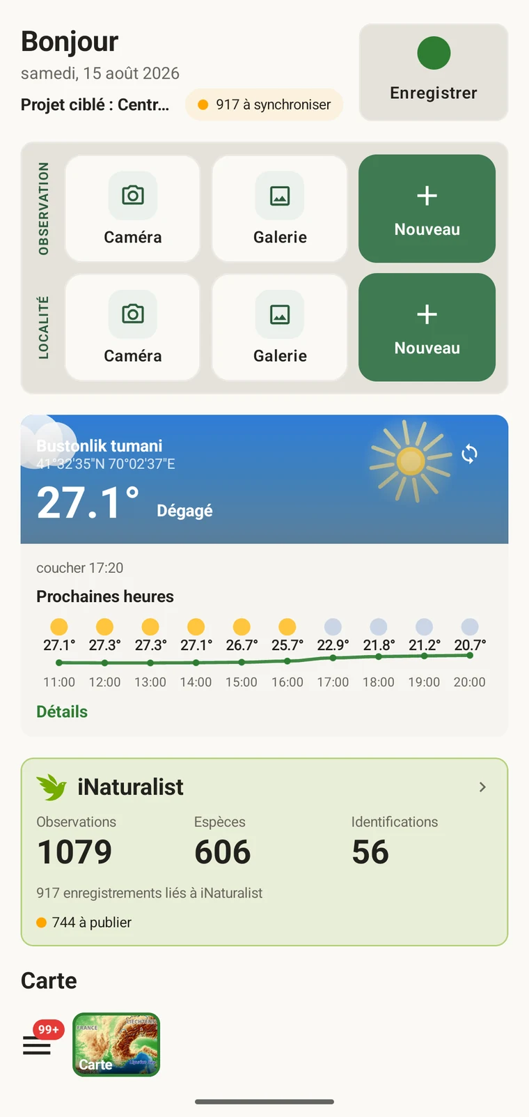 EarthCape home screen with the Record button, observation and locality quick actions and the weather card