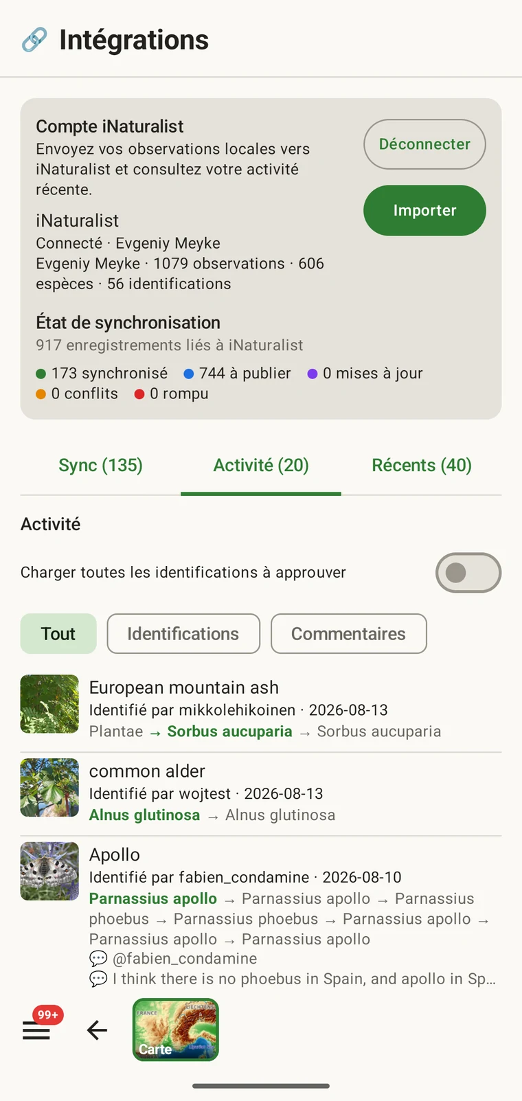 Fil d'activité iNaturalist montrant les événements récents sur les observations et les identifications