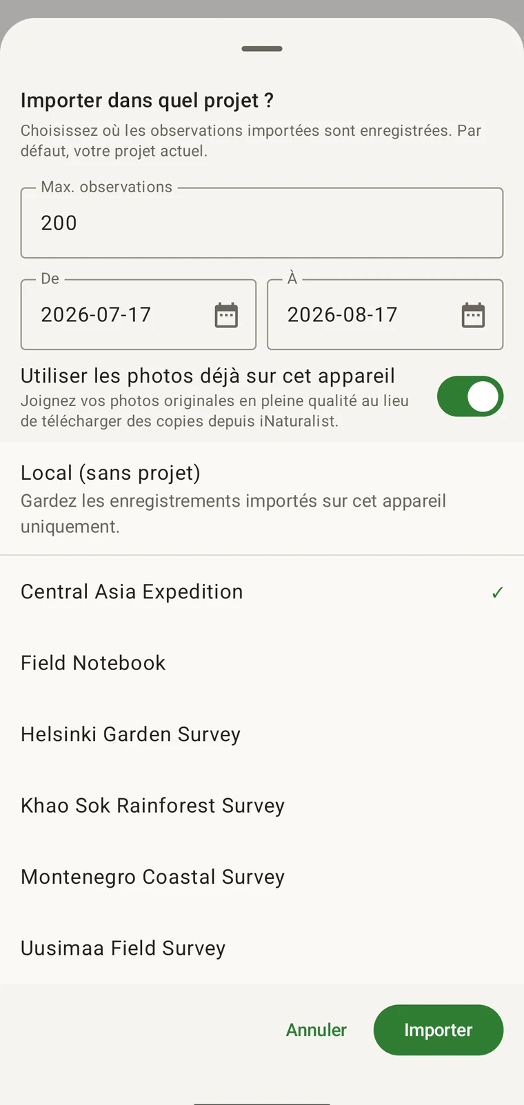 Feuille d'import iNaturalist avec un nombre maximal d'observations, une plage de dates de début et de fin, un sélecteur de source des photos et une liste de projets dans lesquels importer