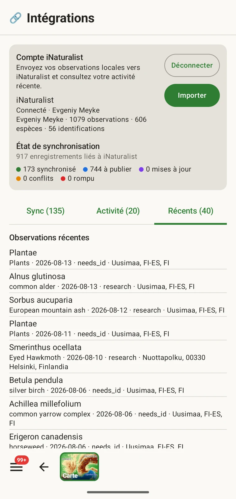 Liste des observations iNaturalist récentes appartenant au compte connecté