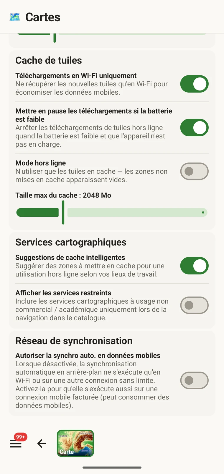 Liste des régions hors ligne stockées avec leurs noms et leurs tailles