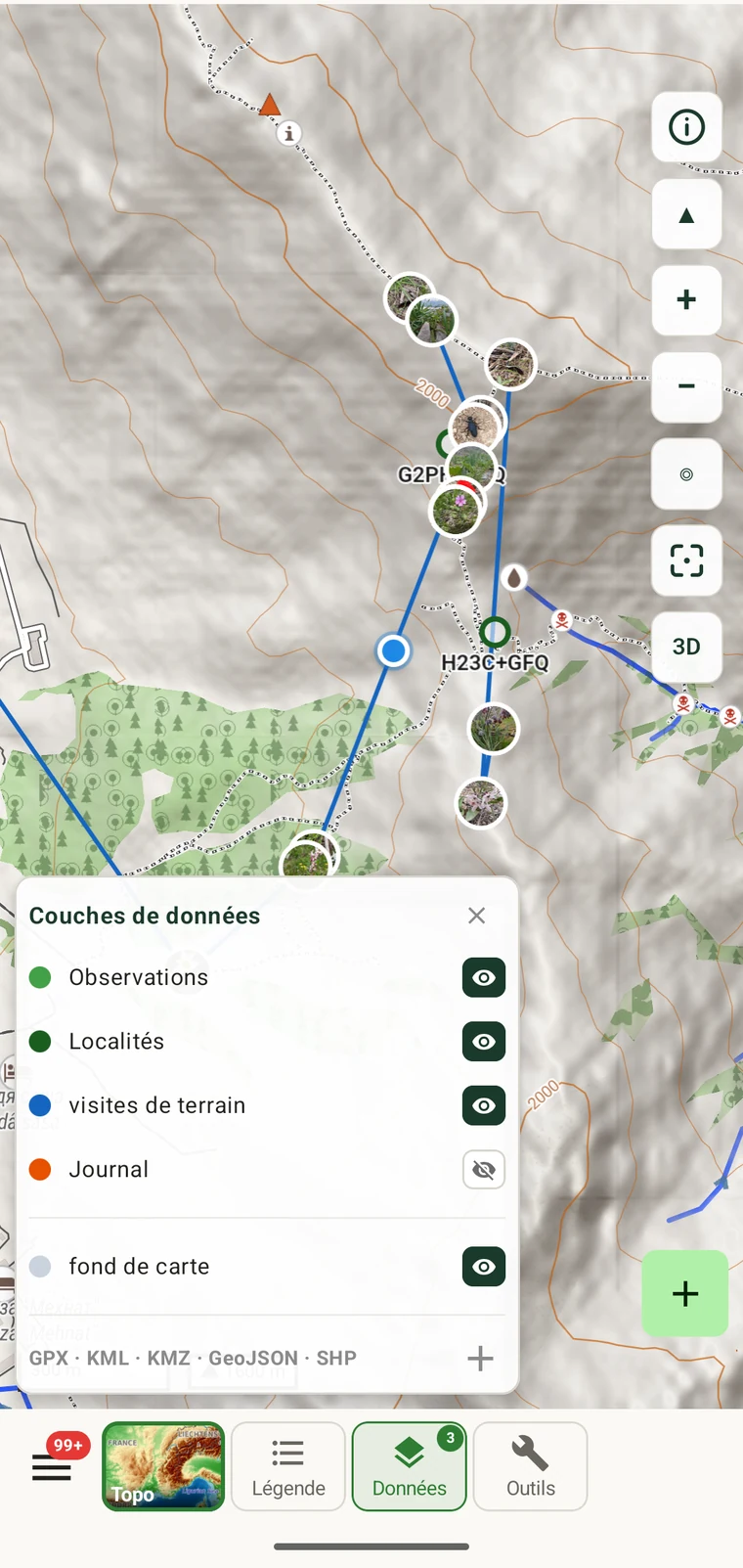 Panneau des couches de données de la carte