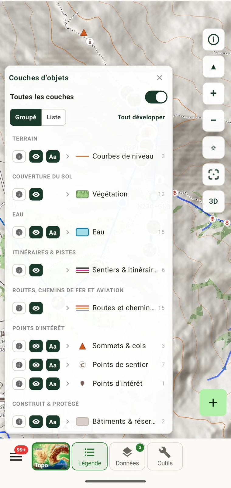 Légende des objets affichant l'occupation du sol, le type de chemin, l'altitude de la courbe de niveau et le toponyme pour un point touché