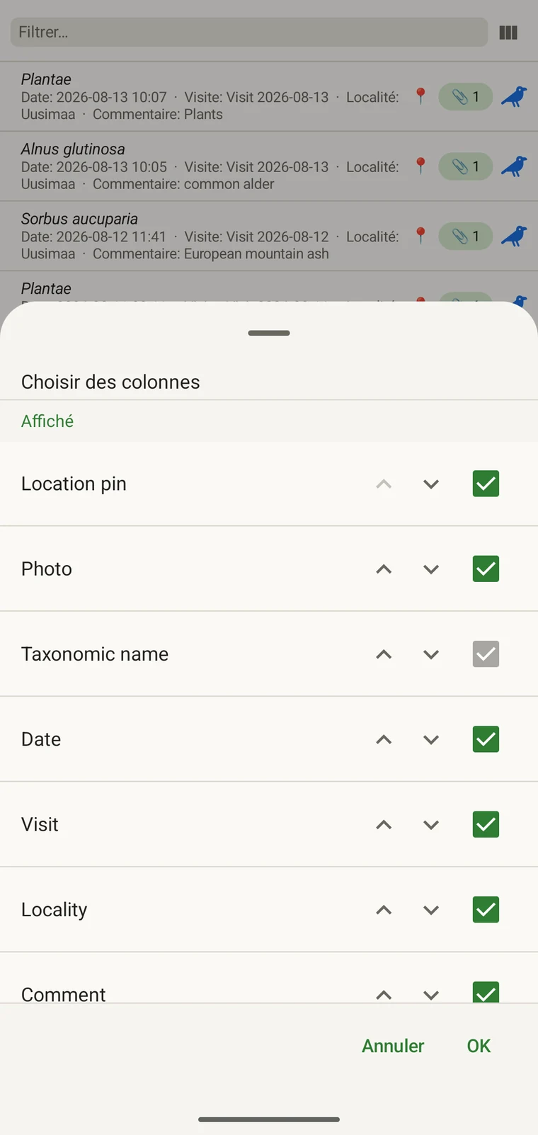 Sélecteur de colonnes montrant les champs disponibles pour la liste des observations