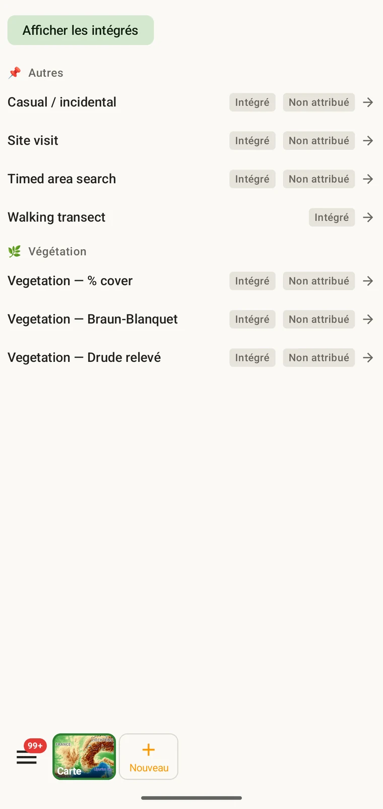 Liste des protocoles montrant les sept protocoles fournis avec l'application