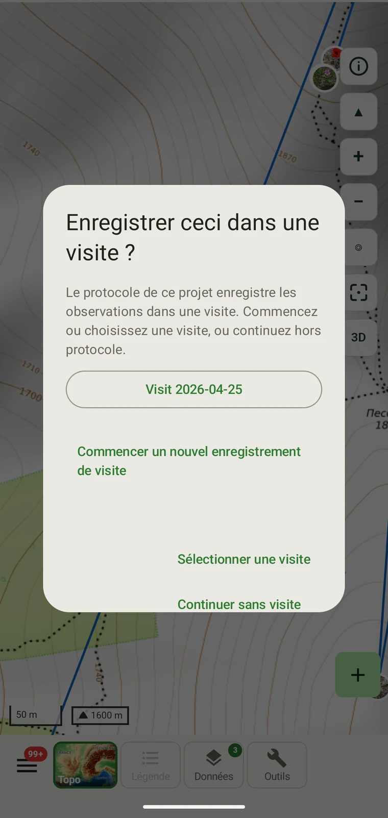 Sélecteur de visite affichant les visites disponibles et un bouton Continuer sans visite