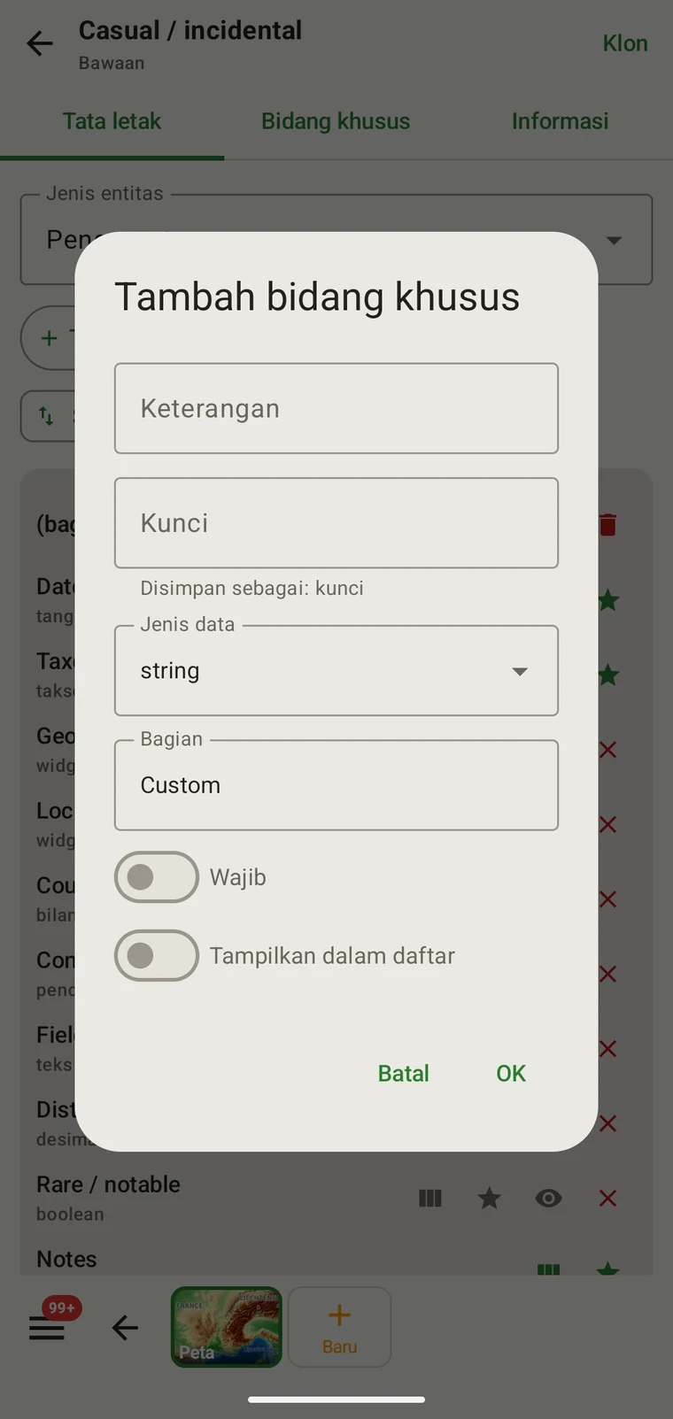 Add custom field dialog with Caption, Key, Data type, Section, Required and Show in list controls