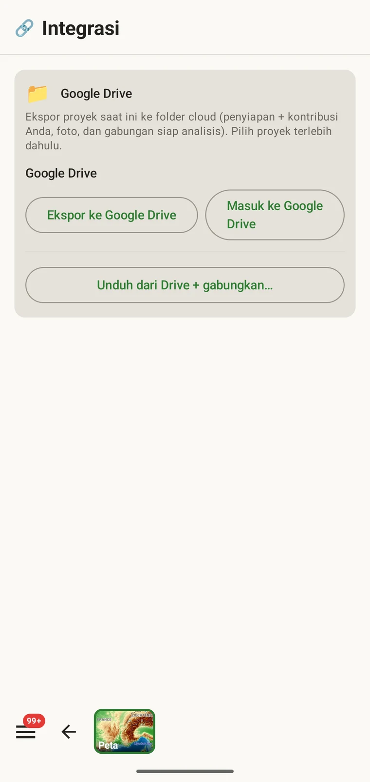 Kartu Google Drive dengan tiga tombolnya: Ekspor ke Google Drive, Masuk ke Google Drive, dan Unduh dari Drive lalu gabungkan