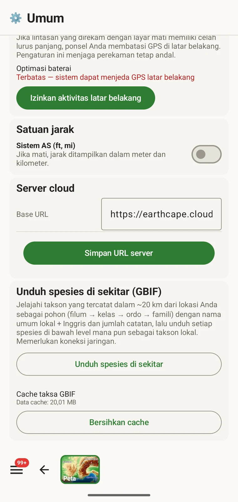 Download nearby species (GBIF) card under Menu → Admin → General