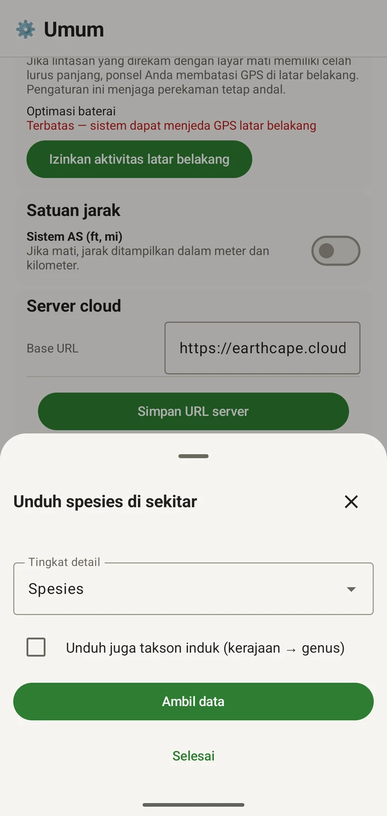 Download nearby species sheet with the Detail level control, the parent-taxa checkbox and the Get data button