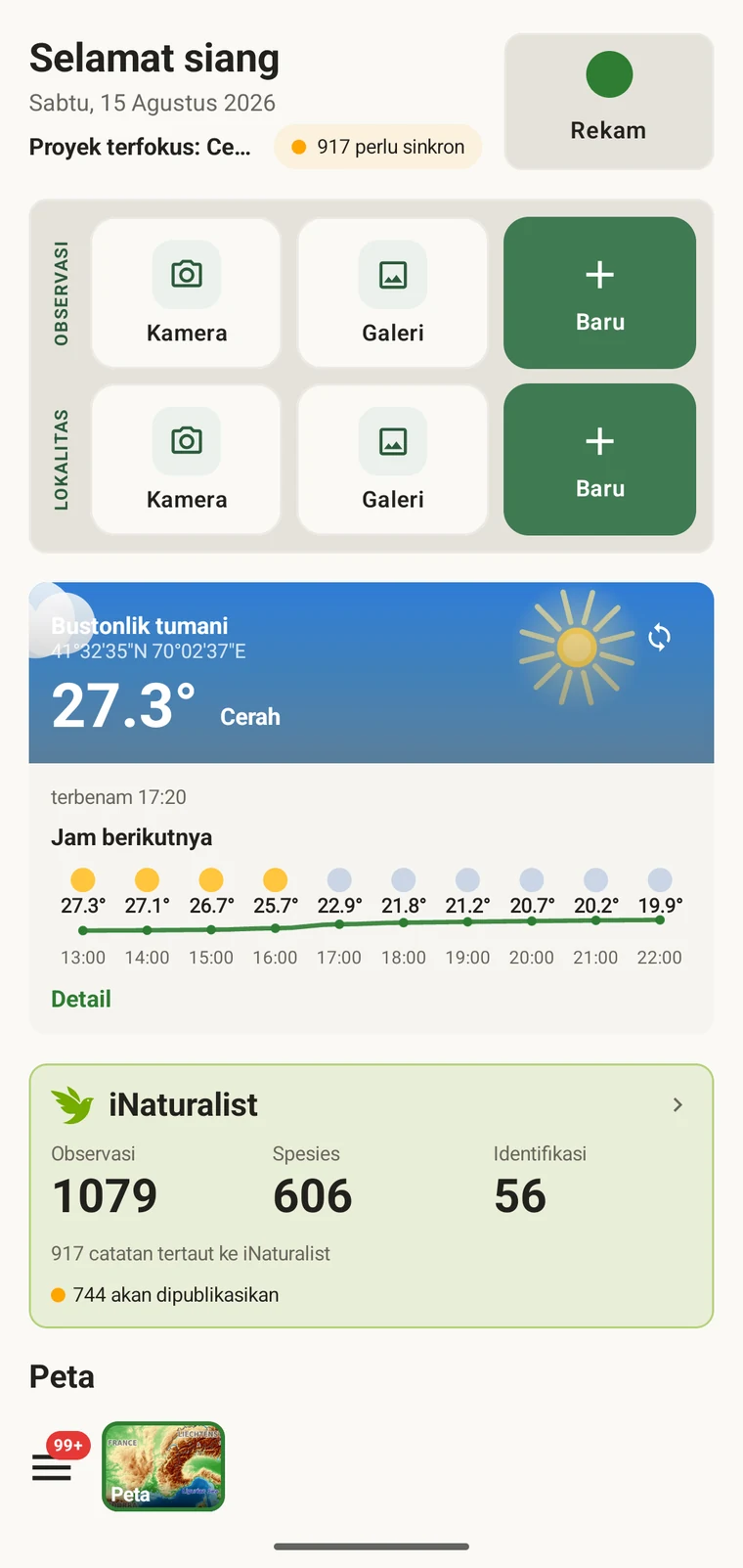 EarthCape home screen with the Record button, observation and locality quick actions and the weather card