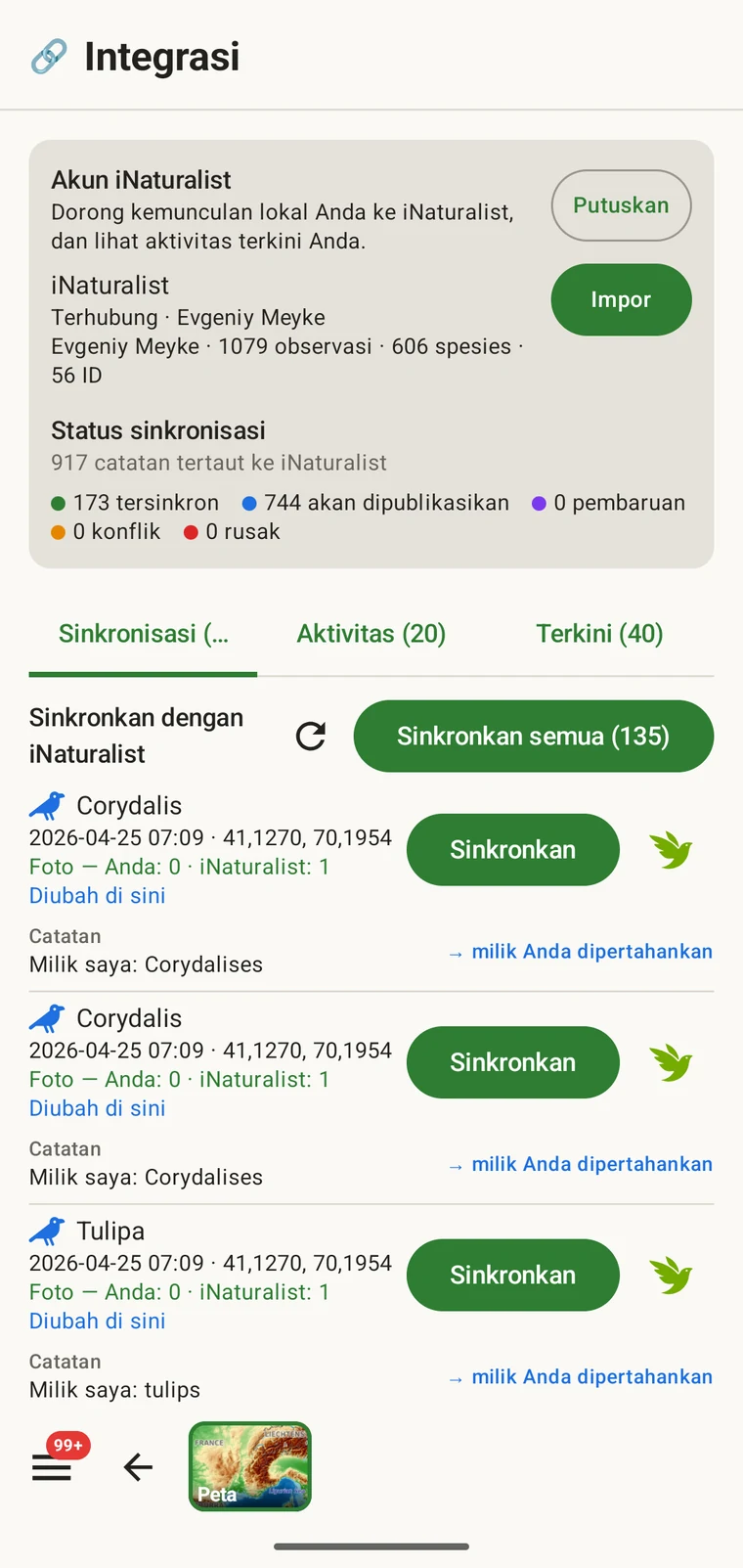 Hub iNaturalist yang menampilkan akun terhubung, jumlah status sinkronisasi, dan daftar catatan yang siap dikirim