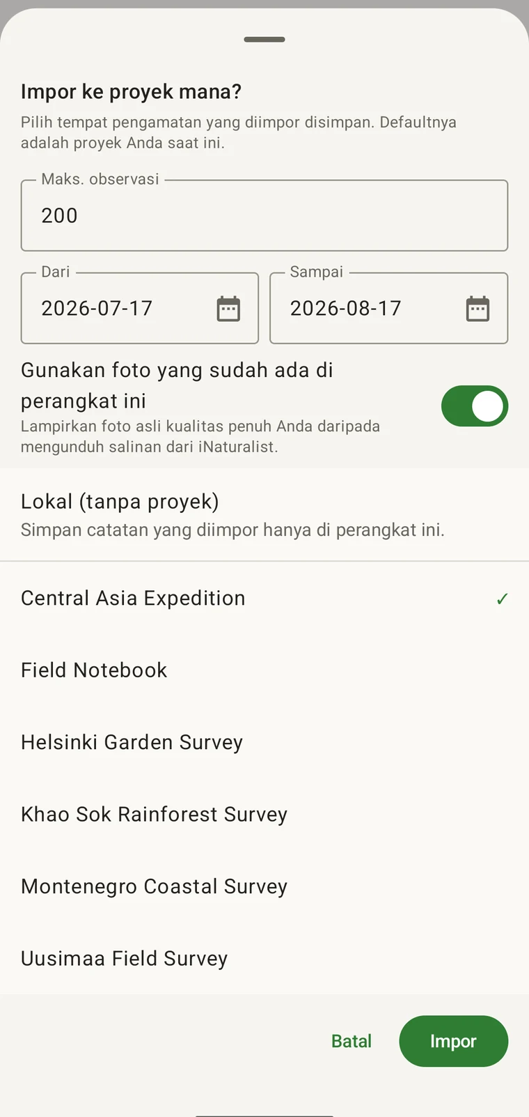 Lembar impor iNaturalist dengan jumlah maksimum observasi, rentang tanggal dari dan sampai, sakelar sumber foto, dan daftar proyek tujuan impor