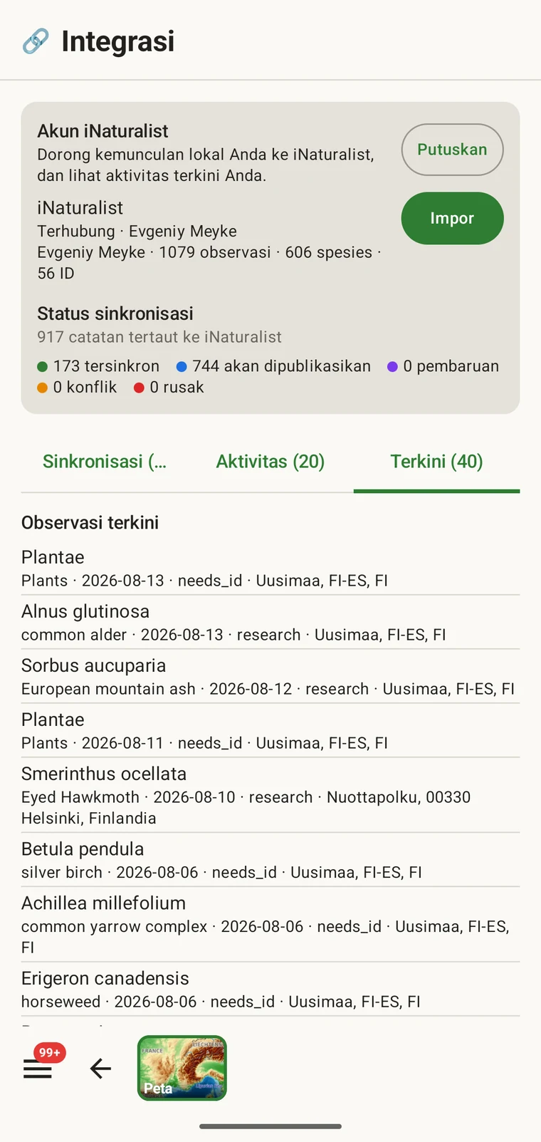 Daftar observasi iNaturalist terkini milik akun yang terhubung