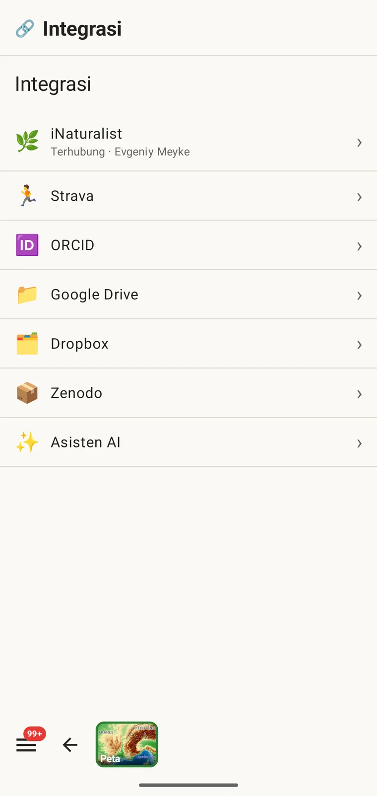 Layar Integrasi yang mencantumkan iNaturalist, Strava, ORCID, Google Drive, Dropbox, Zenodo, dan asisten AI