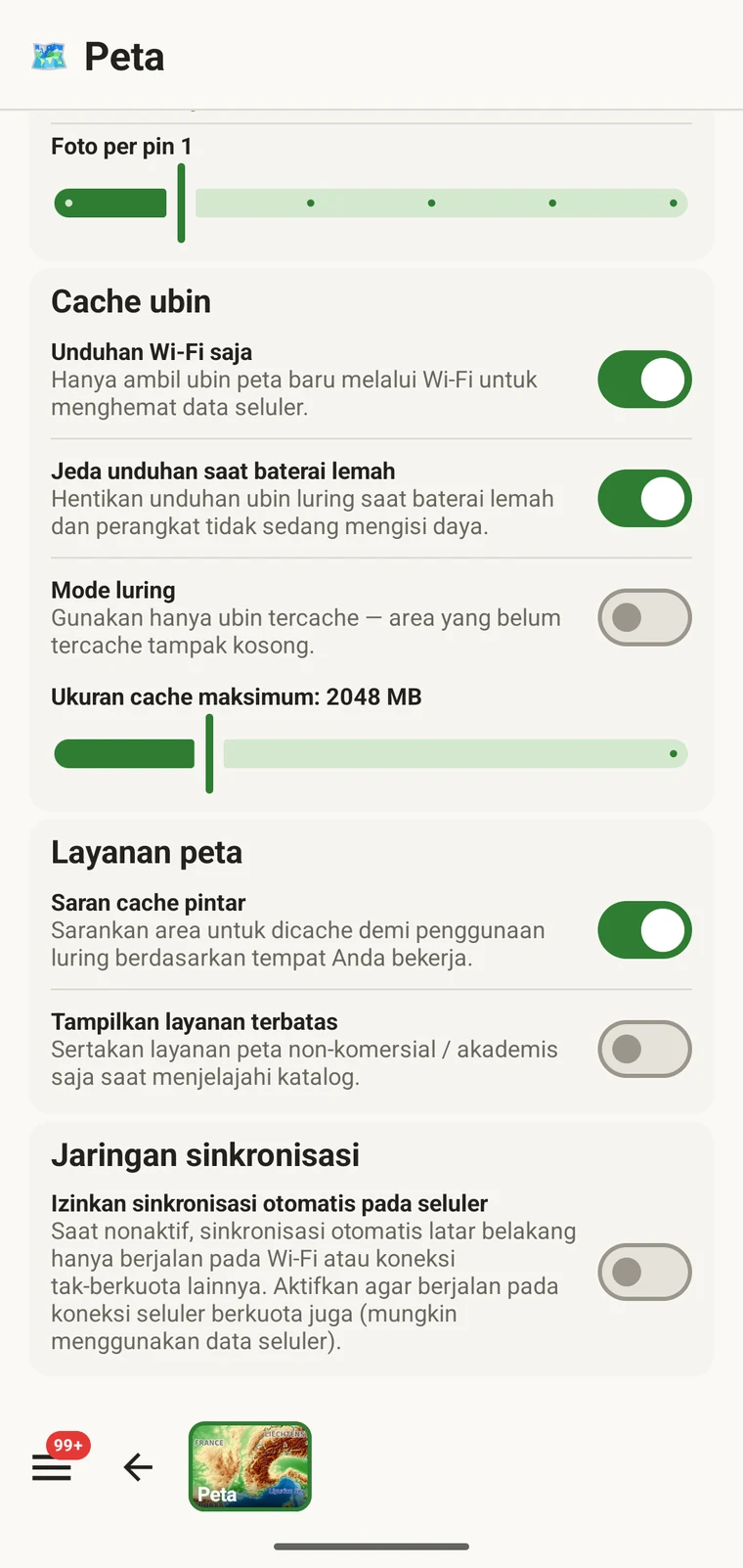Daftar wilayah luring tersimpan dengan nama wilayah dan ukurannya
