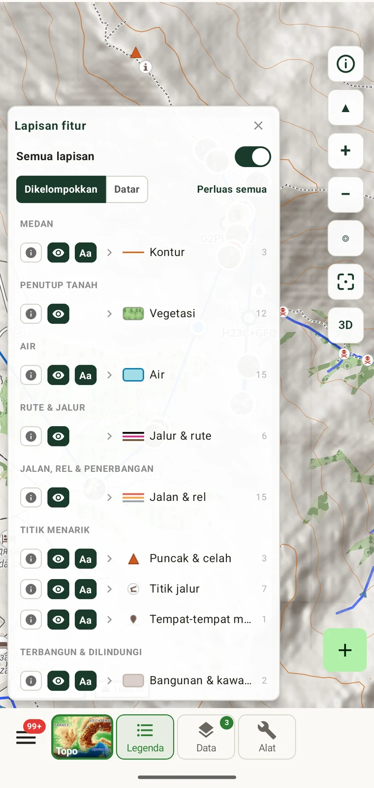 Legenda fitur yang menampilkan tutupan lahan, jenis jalan setapak, ketinggian kontur, dan nama tempat untuk titik yang diketuk