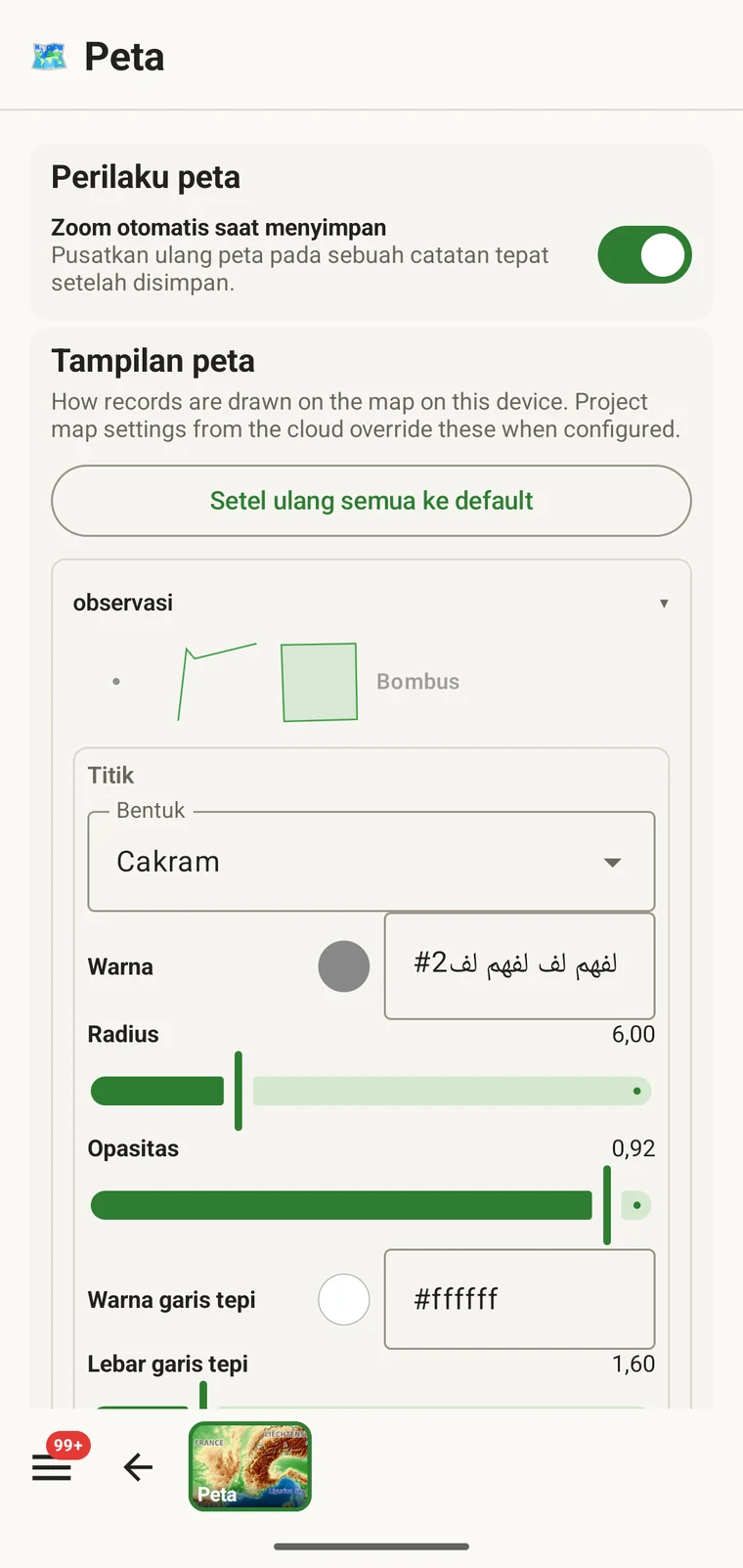 Pengaturan peta dengan bentuk, warna, radius, opasitas, dan garis tepi penanda