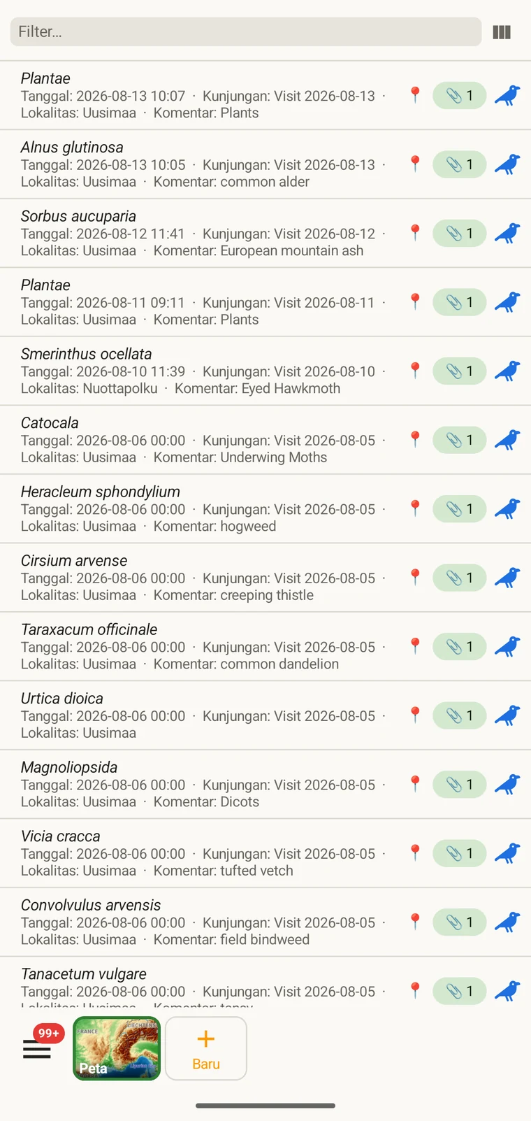Daftar observasi yang menampilkan beberapa catatan dengan kolom takson, tanggal, dan kolom pilihan lainnya