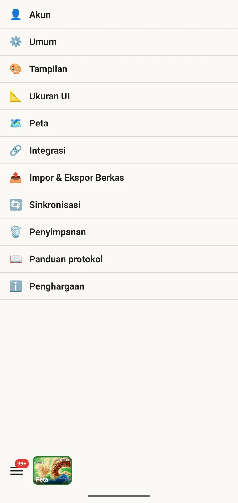 Layar pengaturan EarthCape dengan entri Bahasa