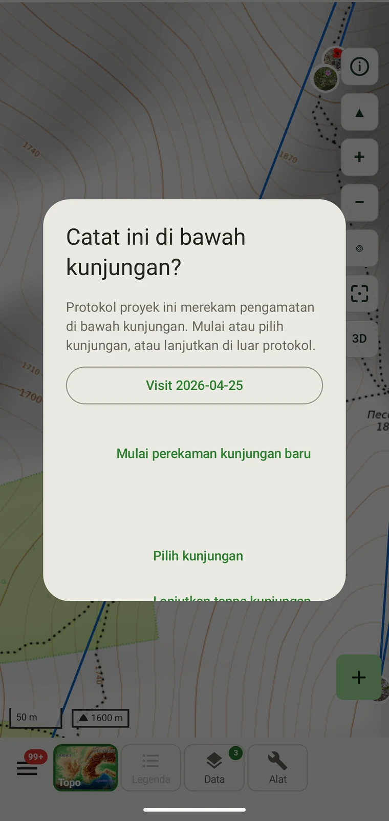 Pemilih kunjungan yang menampilkan kunjungan yang tersedia dan tombol Lanjutkan tanpa kunjungan