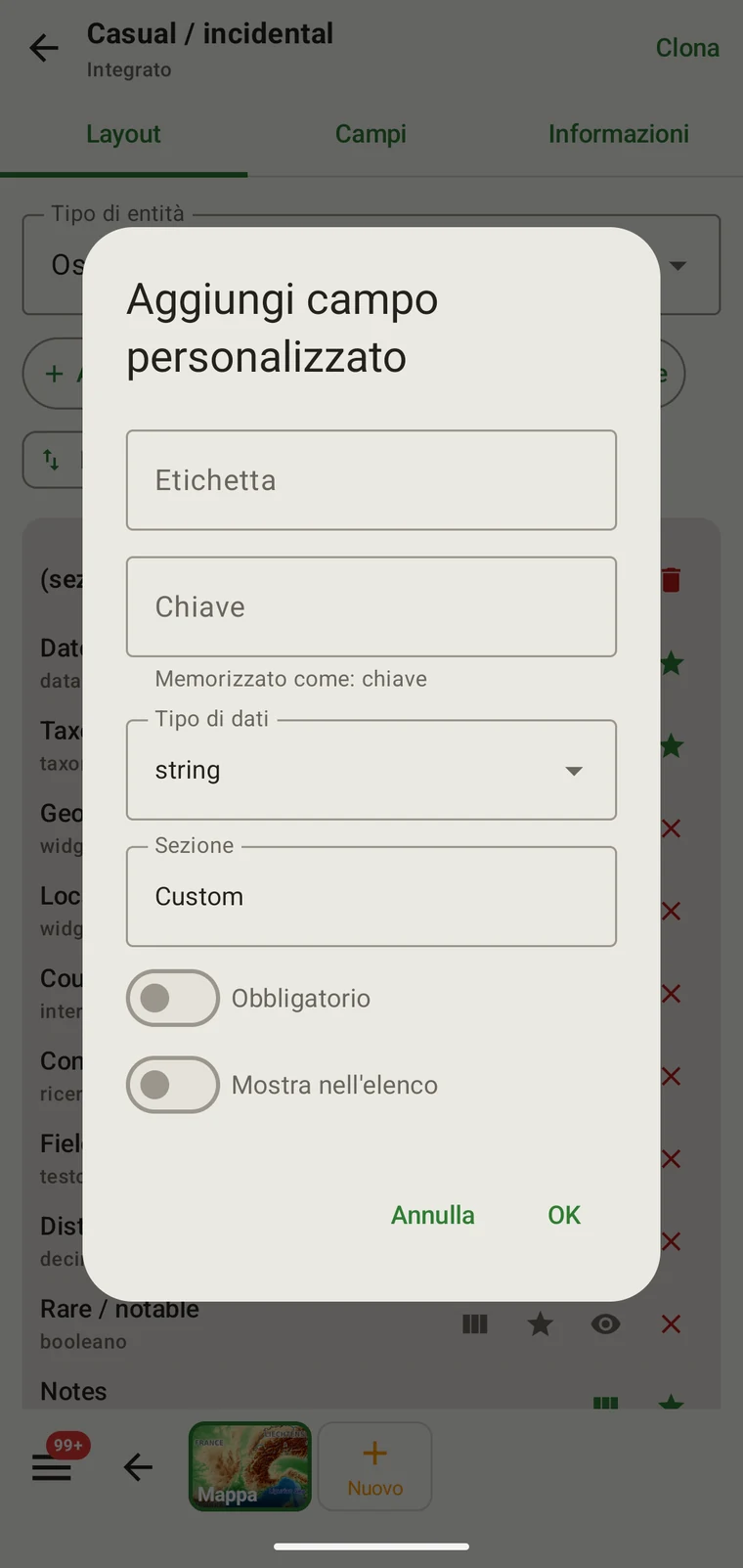 Add custom field dialog with Caption, Key, Data type, Section, Required and Show in list controls