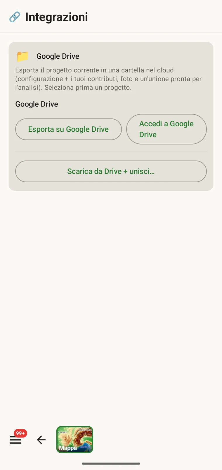 La scheda Google Drive con i suoi tre pulsanti: Esporta su Google Drive, Accedi a Google Drive e Scarica da Drive e unisci
