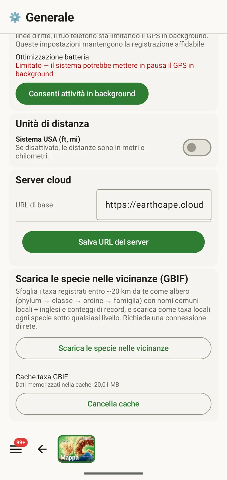 Download nearby species (GBIF) card under Menu → Admin → General