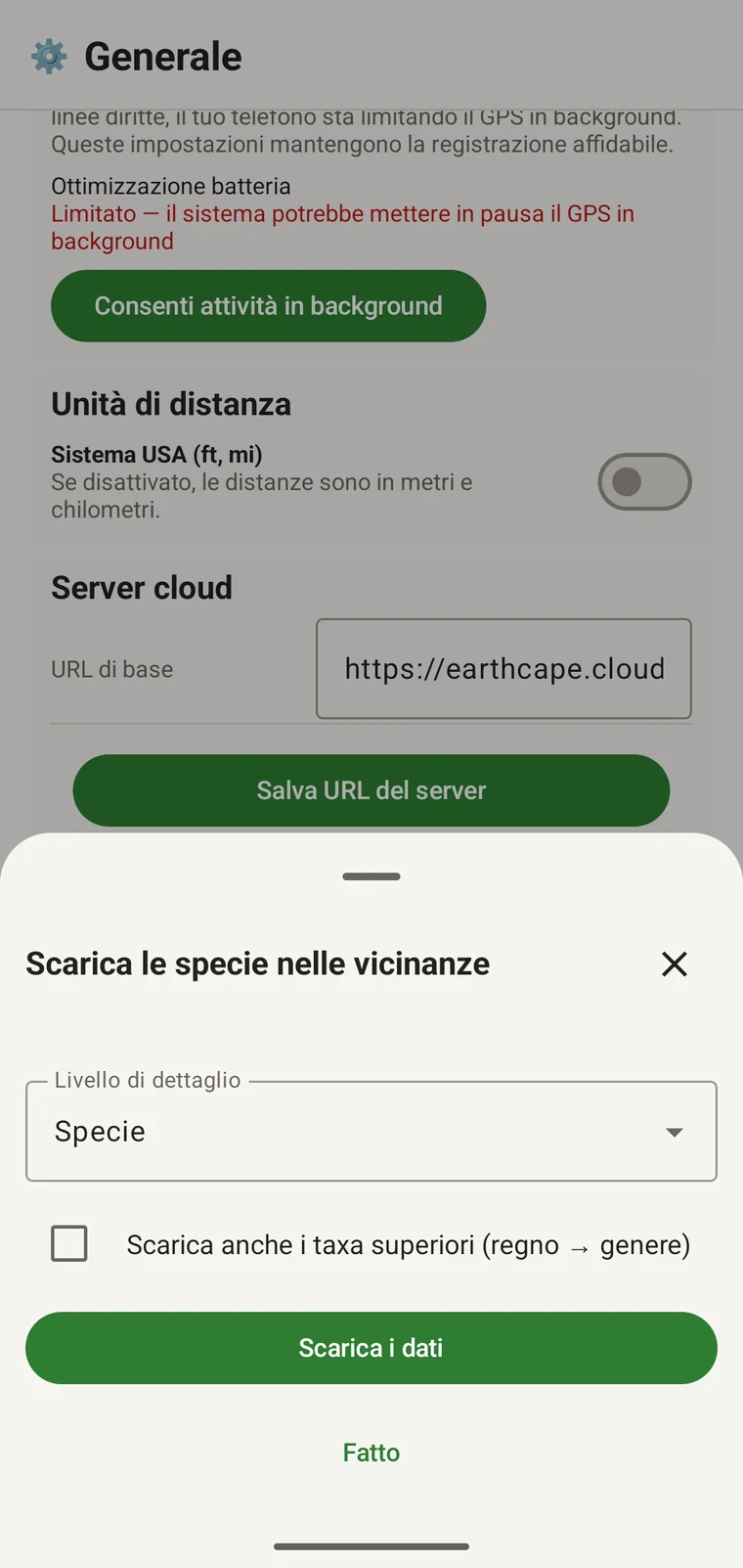 Download nearby species sheet with the Detail level control, the parent-taxa checkbox and the Get data button