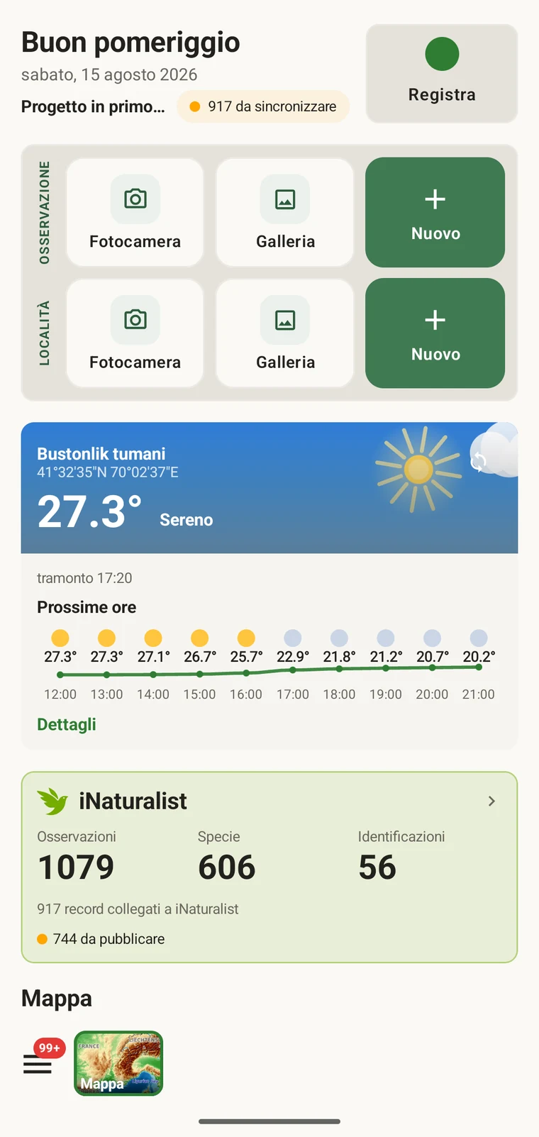 EarthCape home screen with the Record button, observation and locality quick actions and the weather card