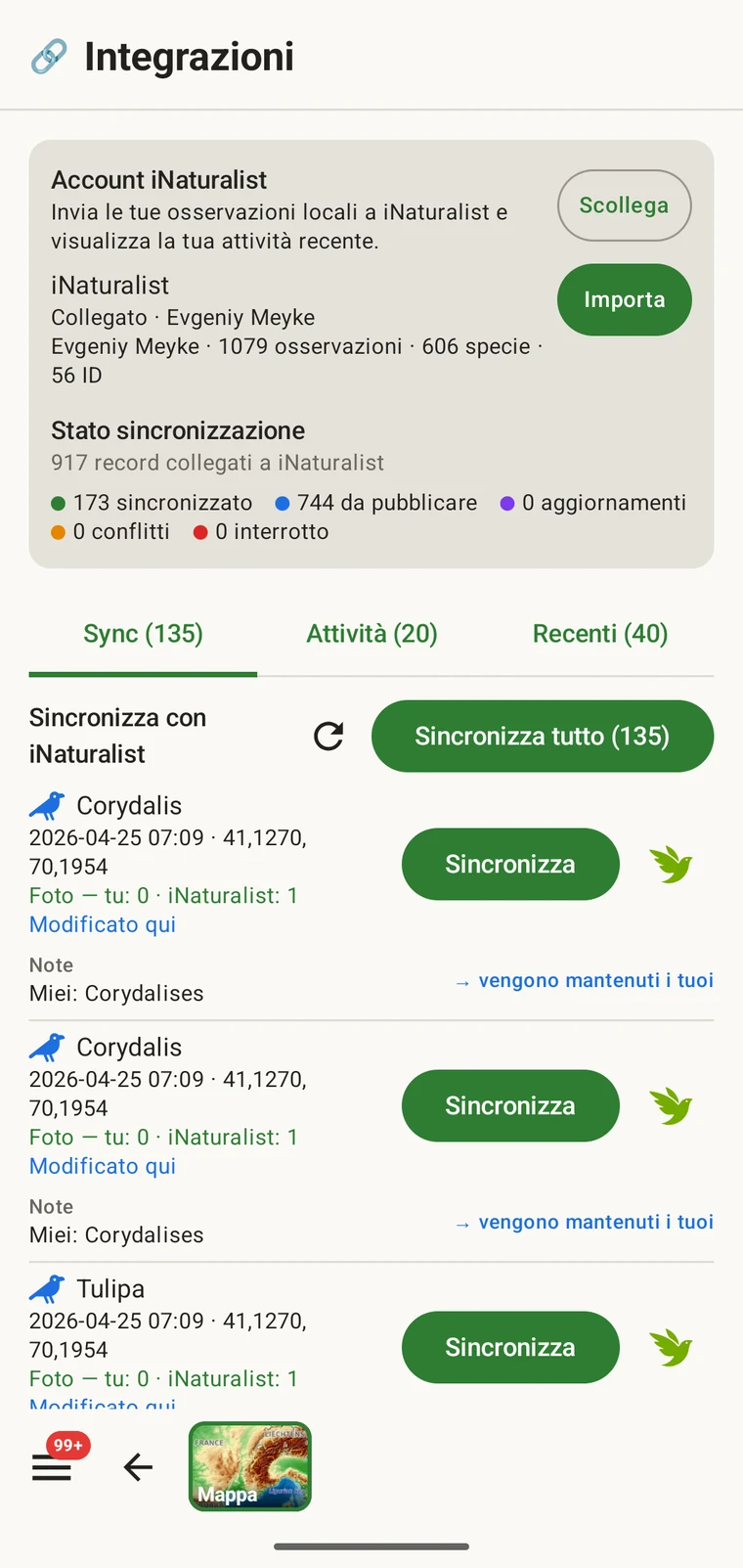 Hub iNaturalist con l'account collegato, i conteggi dello stato di sincronizzazione e l'elenco dei record pronti da inviare