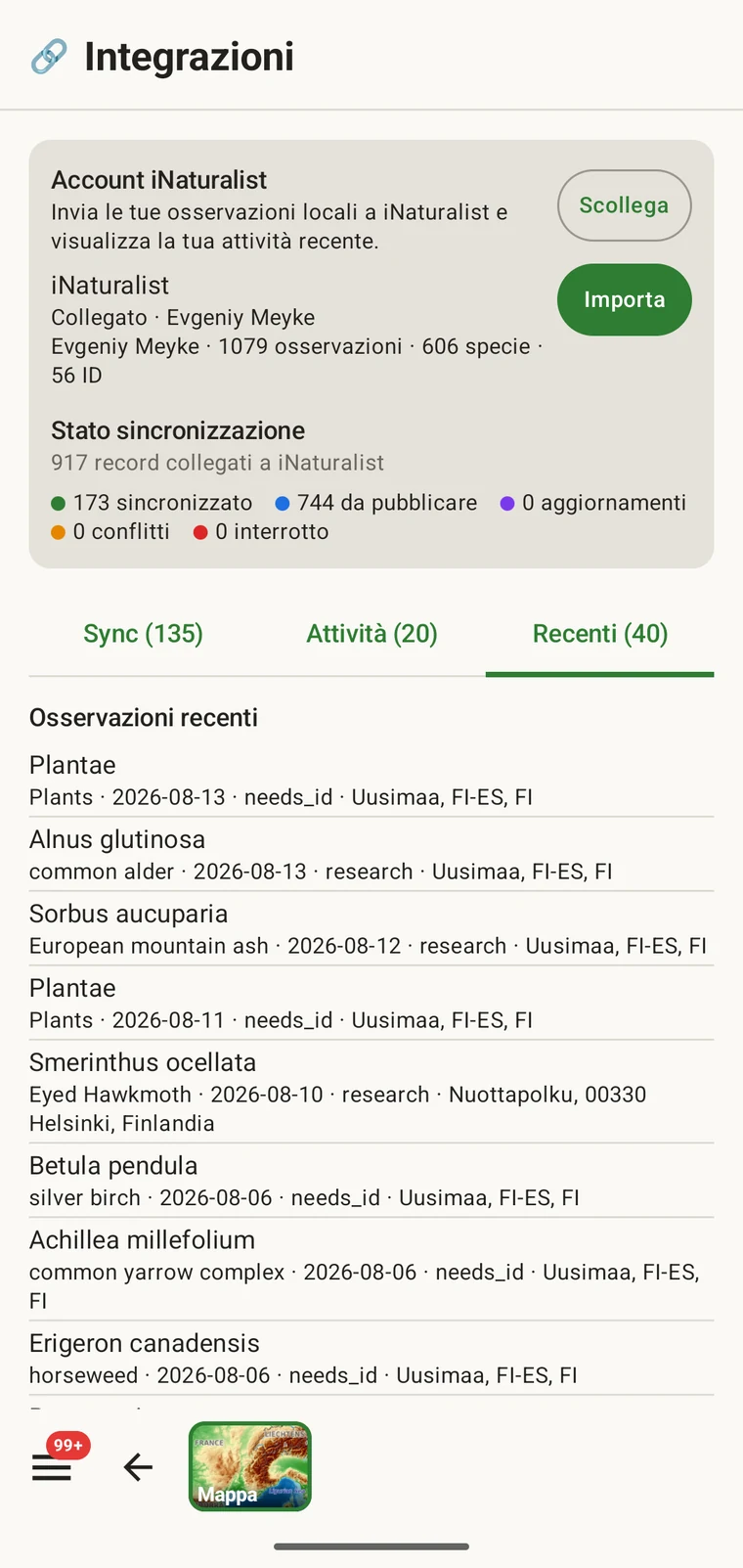 Elenco delle osservazioni iNaturalist recenti appartenenti all'account collegato