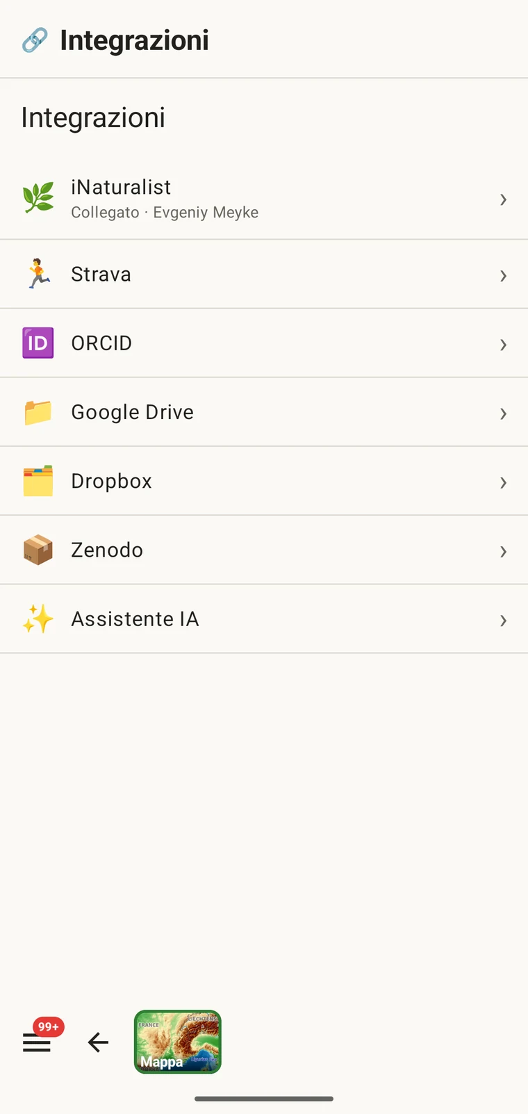 Schermata Integrazioni con iNaturalist, Strava, ORCID, Google Drive, Dropbox, Zenodo e assistente IA