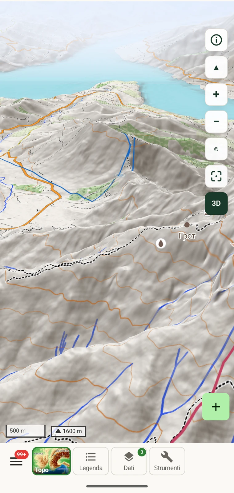 Vista del terreno 3D con inclinazione applicata alla mappa topografica