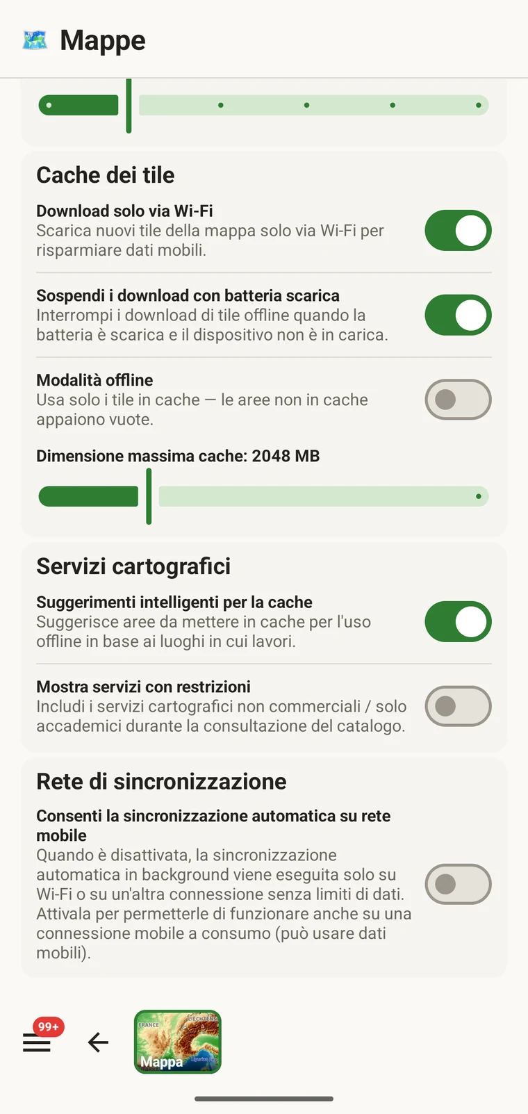 Elenco delle regioni offline memorizzate con nomi e dimensioni